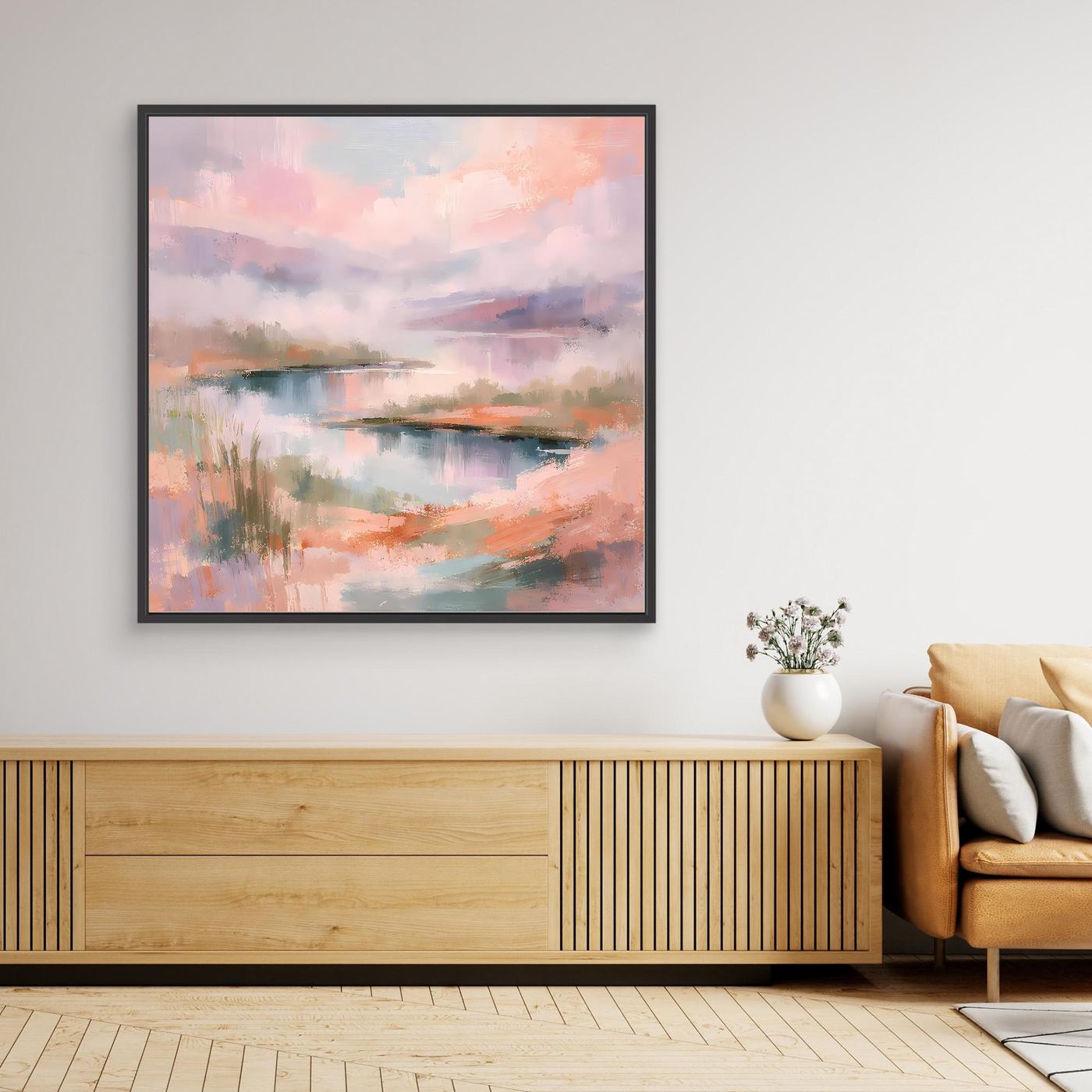 Gerahmtes Leinwand-Wandbild mit pastellfarbenem abstraktem Seenlandschaft-Motiv im Schwarzrahmen
