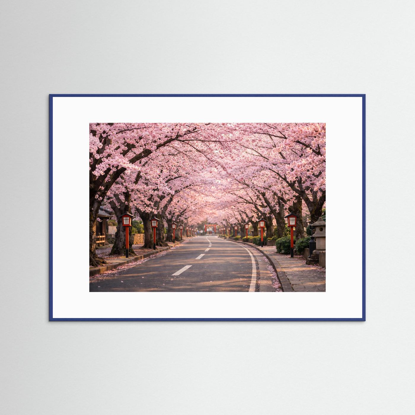 Blau gerahmtes Poster mit Kirschblütenallee im Frühling, rosa Blüten über Landstraße