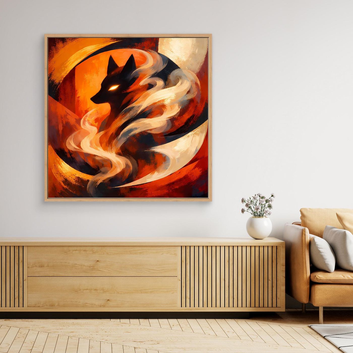 Leinwand-Wandbild mit Holzrahmen: dunkler Wolf im Flammenwirbel, helle Rauchschwaden