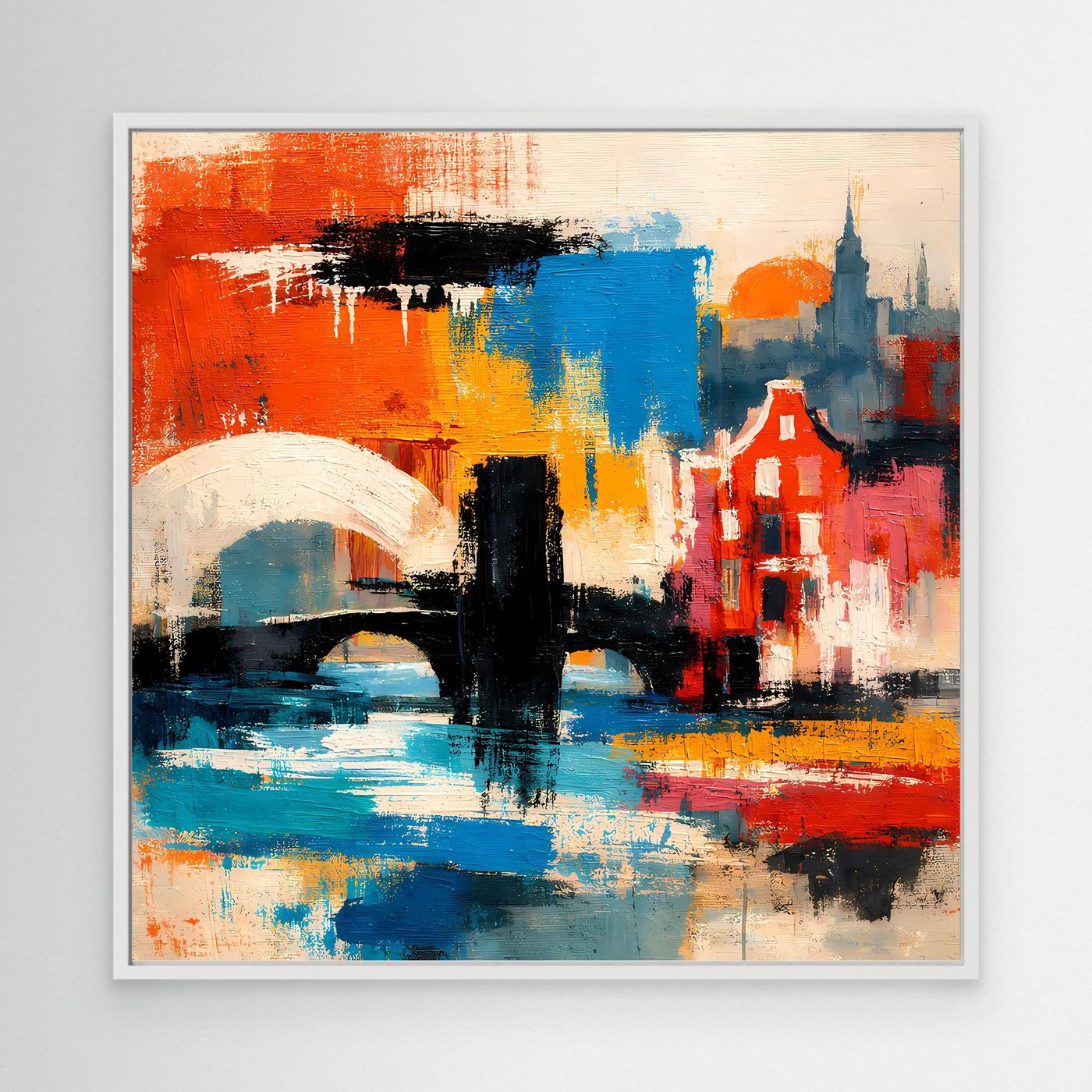 Leinwand-Wandbild mit abstrakter Stadtansicht in Rot, Blau und Gelb, weißer Rahmen