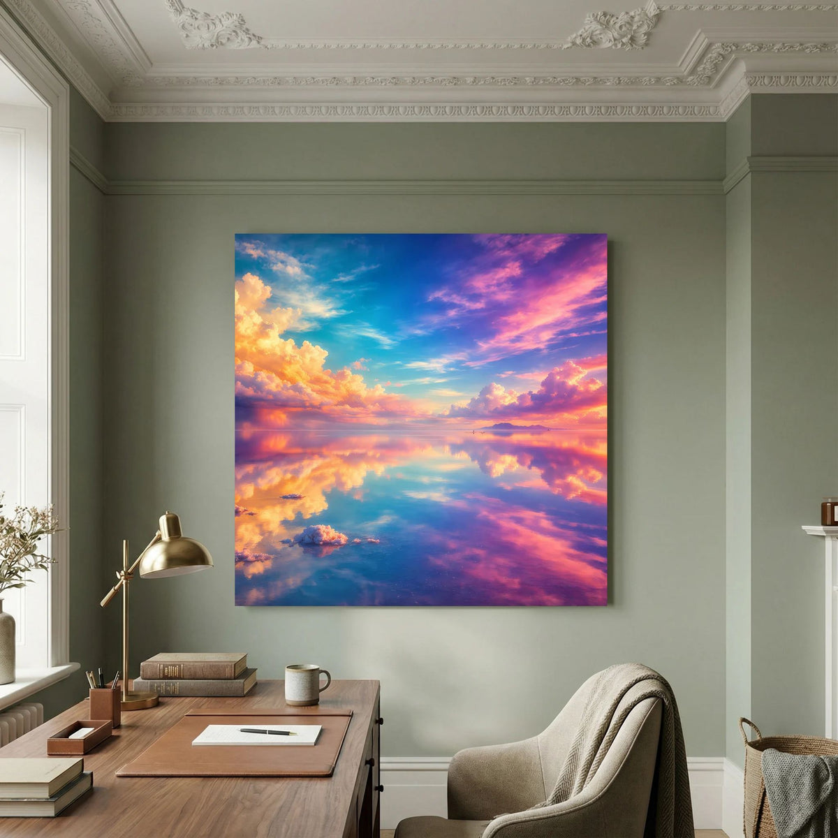 Quadratisches Leinwandbild mit farbenfrohem Himmel und Wolken in Blau, Lila und Orange