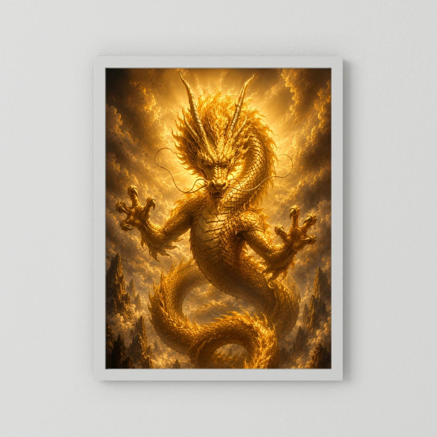 Poster im Hochformat mit goldenem chinesischem Drachen, weiß hinterlegte Rahmung