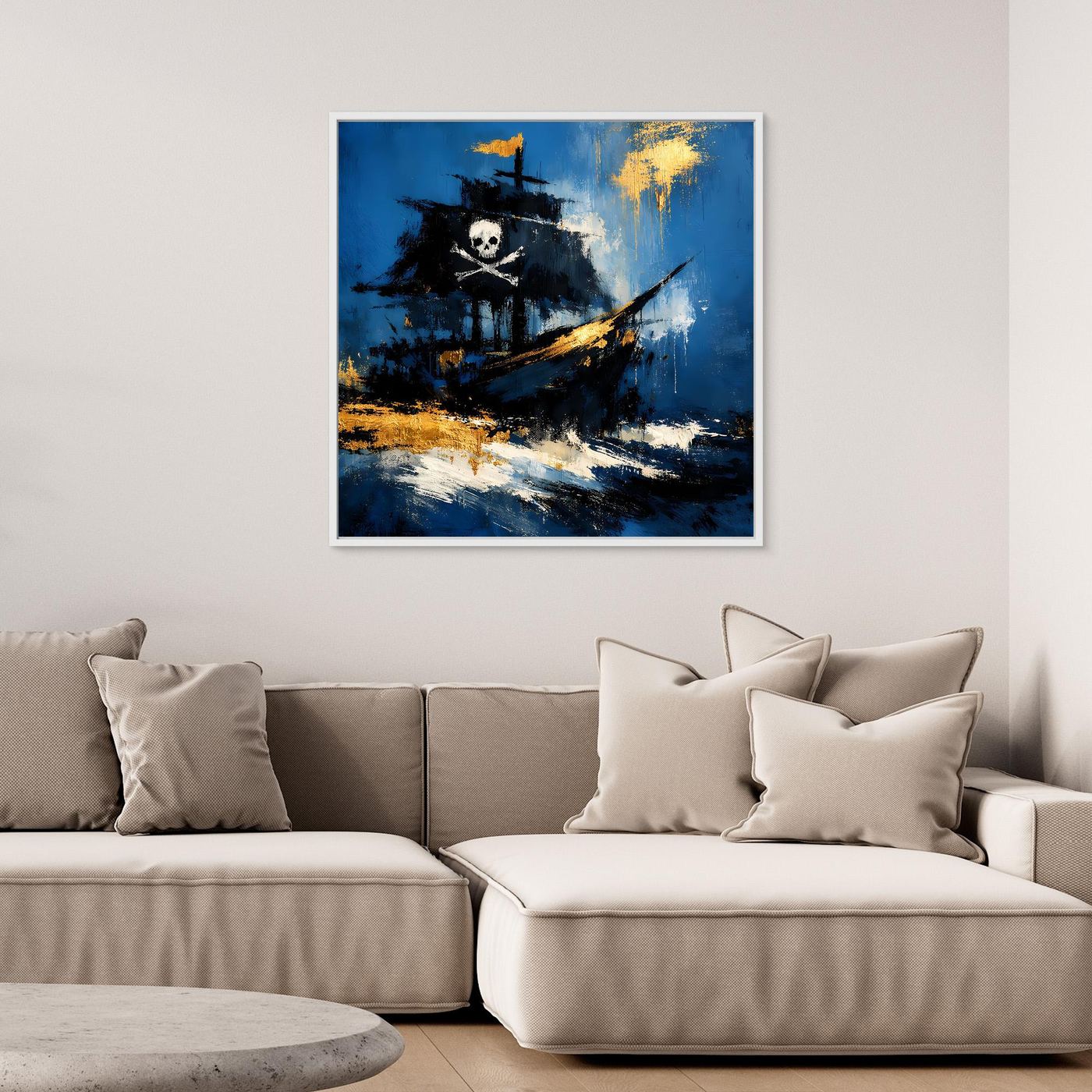 Abstraktes Piratenschiff-Wandbild mit Totenkopf und rauen Pinselstrichen, blau und gelb