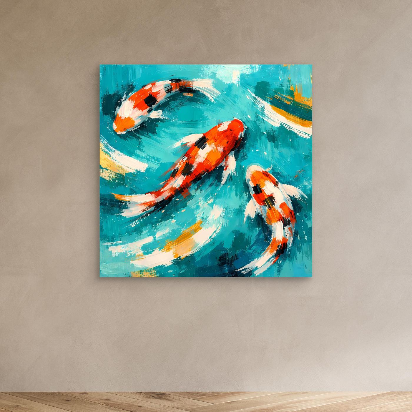 Leinwand Dynamische Koi-Karpfen im smaragdgrünen Wasser | Fernöstliches Wandbild auf Keilrahmen