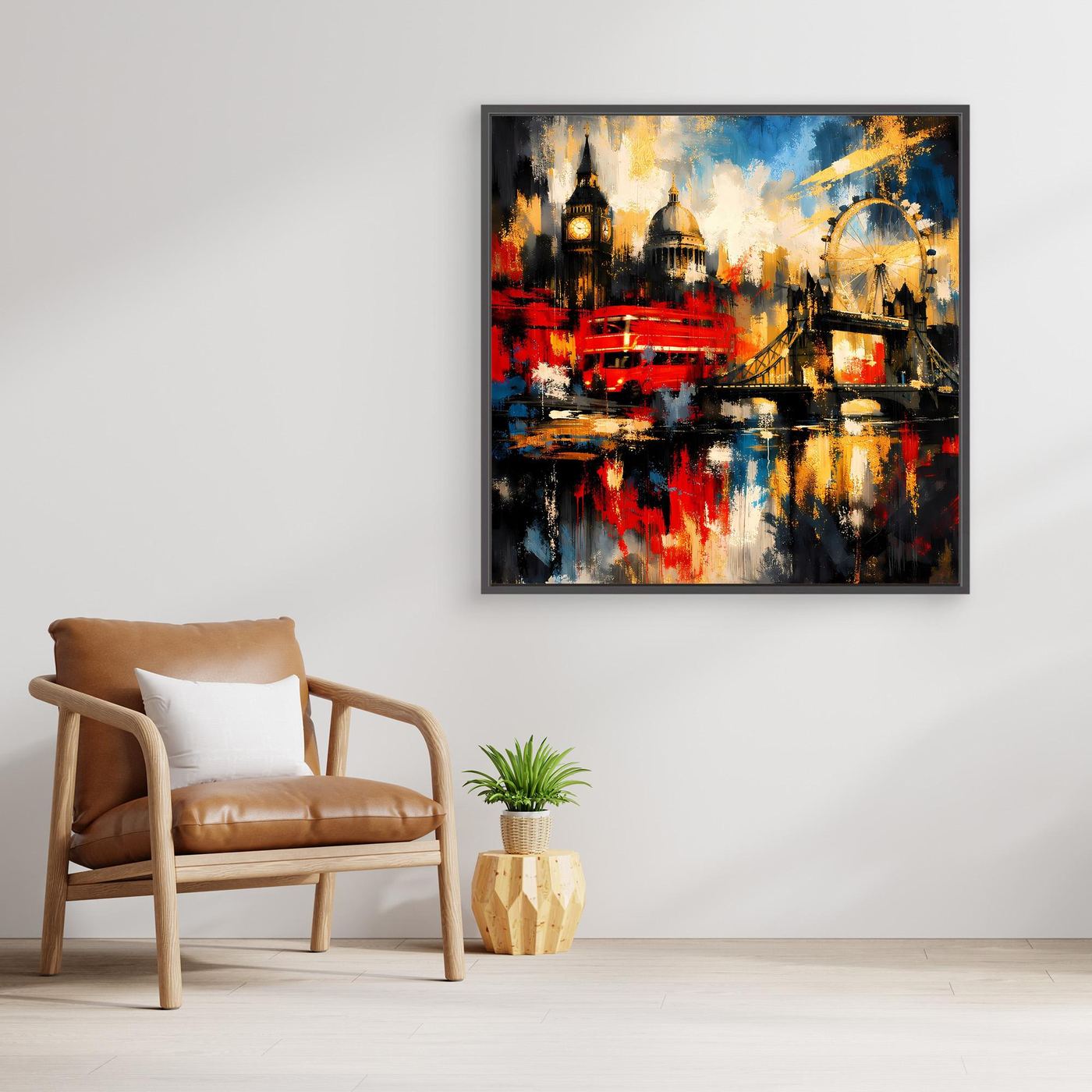 Abstraktes Leinwandbild London-Skyline, bunt mit rotem Boot, Spiegelungen im Wasser, dunkler Rahmen