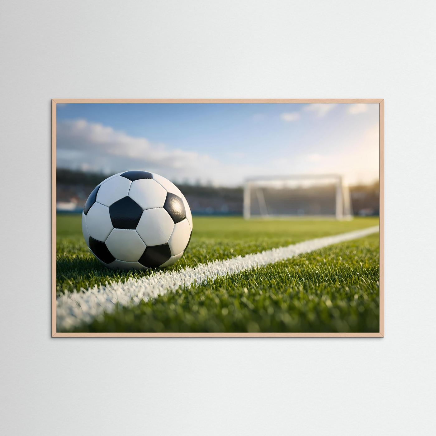 Poster im Querformat mit Fußball auf grünem Rasen an der Torlinie, im Rahmen.