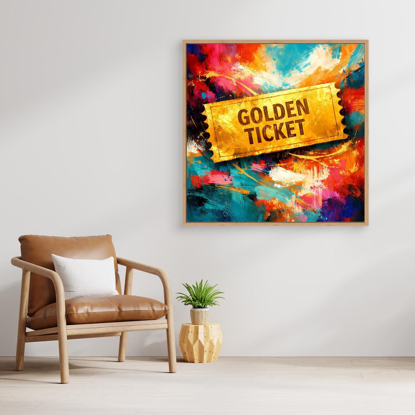 Gerahmtes abstraktes Wandbild mit goldenem „Golden Ticket“-Schriftzug und farbigen Pinselstrichen