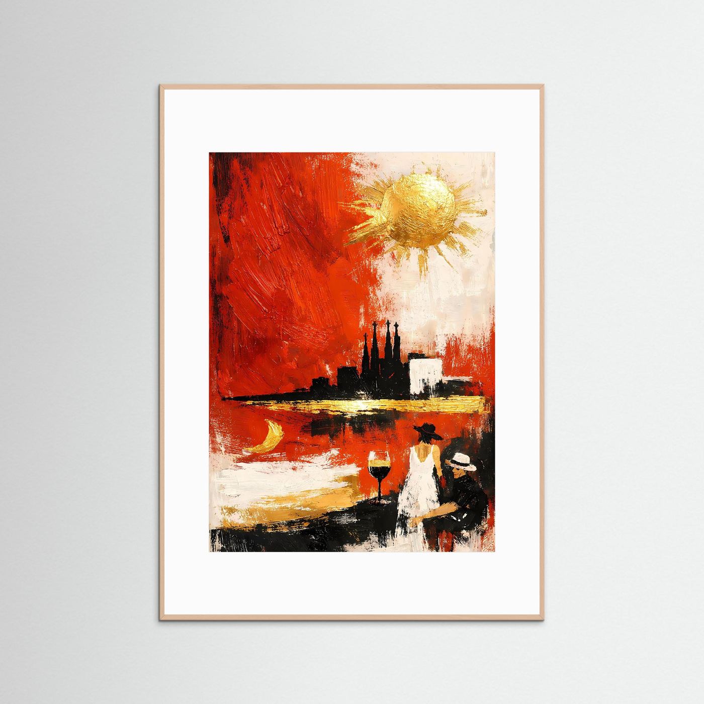Kunstposter abstrakte Skyline: feuerrot-goldene Sonne, weiß gerahmt