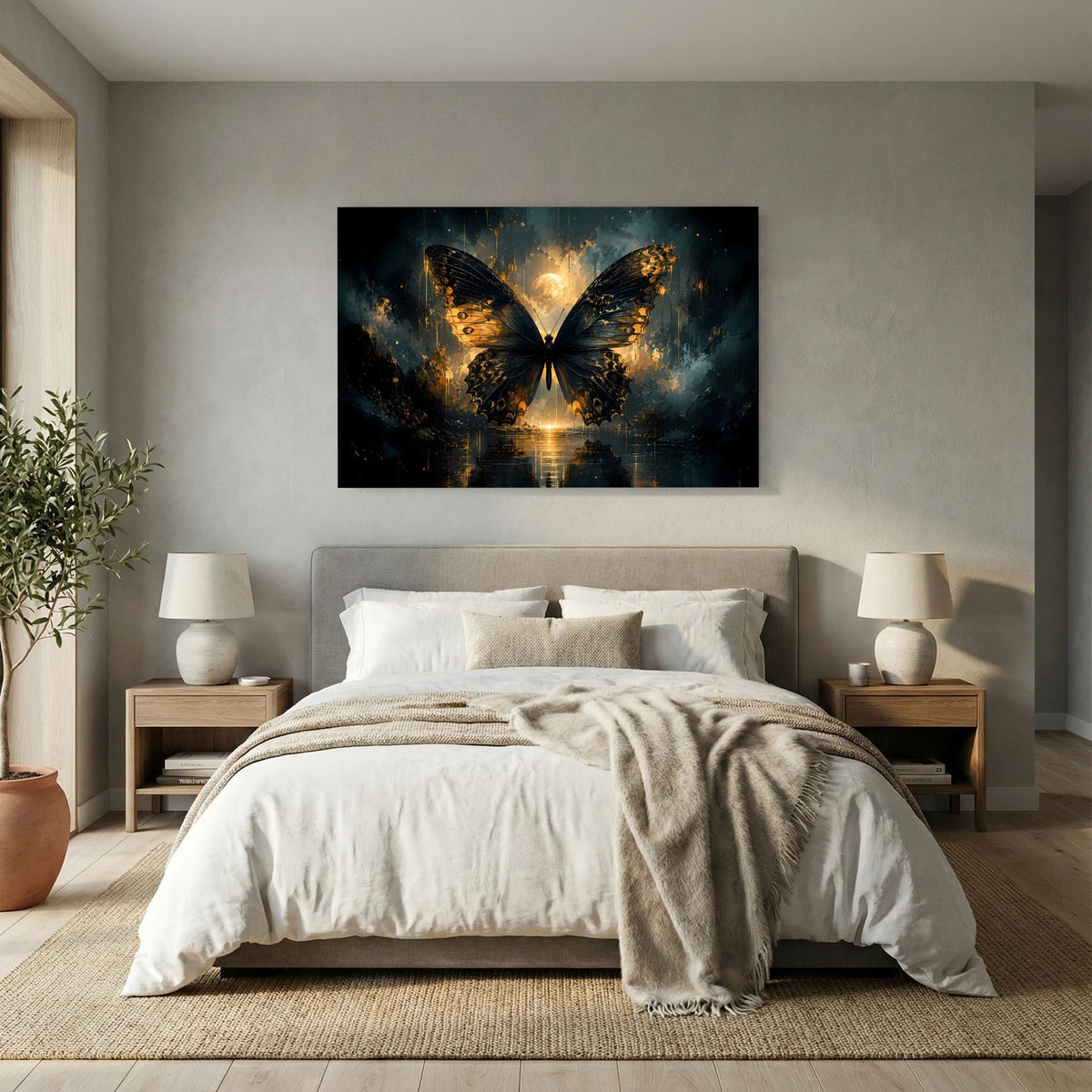 Wandposter mit goldenem Schmetterling auf dunklem Hintergrund, abstraktes Fantasy-Motiv