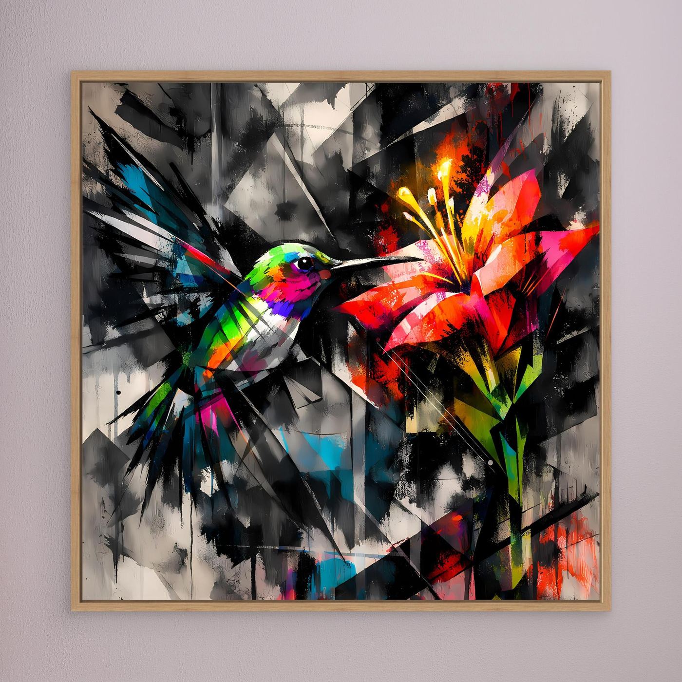 Leinwandbild Farbintensiver Kolibri | Abstraktes Geometrisches Wandbild auf Keilrahmen