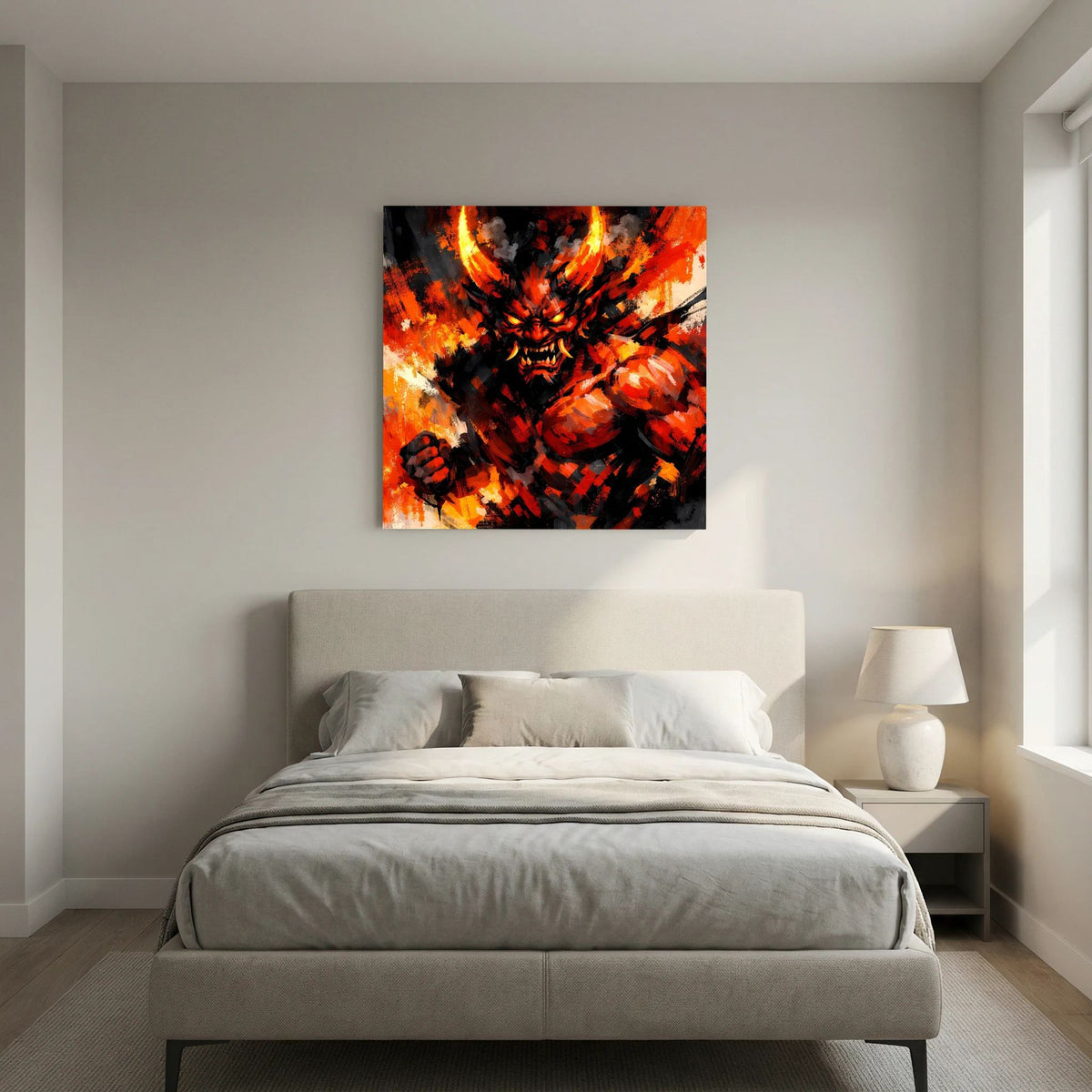 Kleines gerahmtes Leinwand-Wandbild: Oni-Dämon mit Feuerwirbeln, schwarz und orange