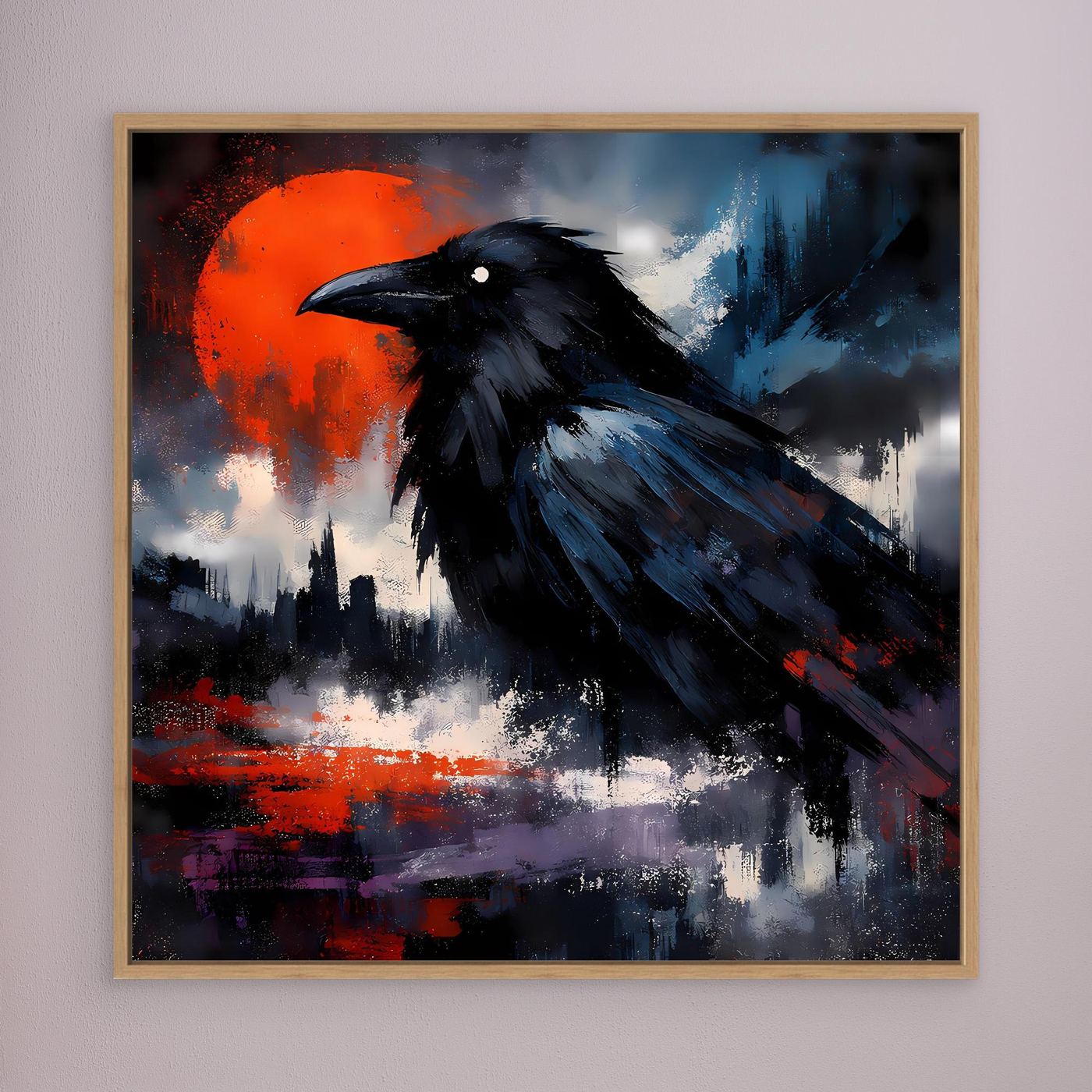 Leinwand-Wandbild mit schwarzem Raben, rotem Vollmond und düsterem Himmel, goldbraun gerahmt