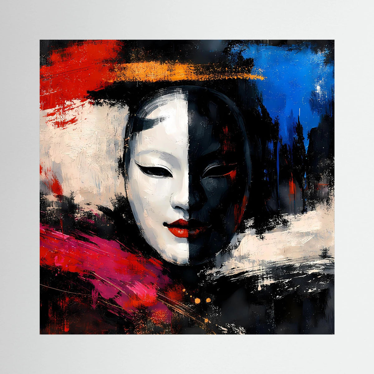 Leinwand-Wandbild mit Geisha-Maske im Pop-Art-Stil, kontrastreiche Pinselstriche in Rot, Blau, Schwarz