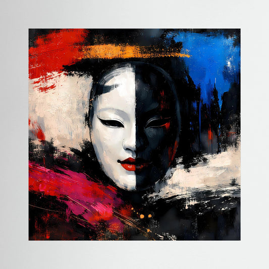 Leinwand-Wandbild mit Geisha-Maske im Pop-Art-Stil, kontrastreiche Pinselstriche in Rot, Blau, Schwarz