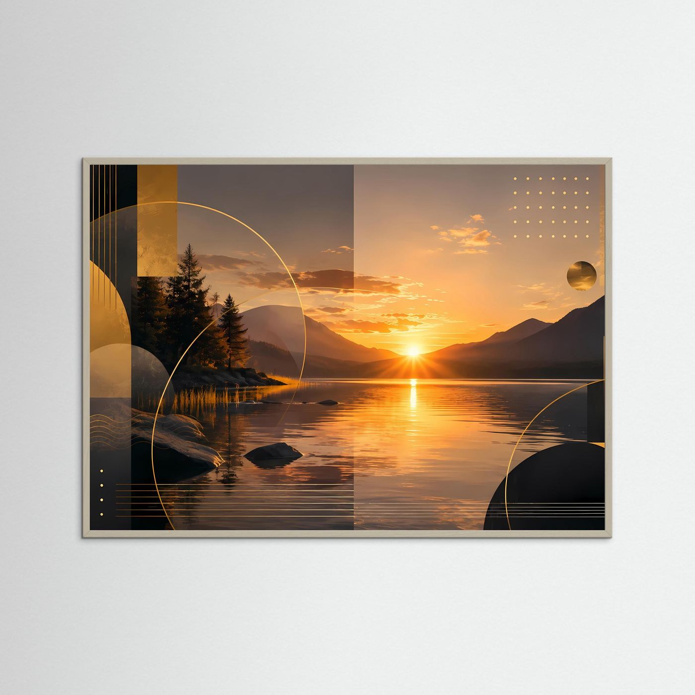 Querformat-Poster mit abstrakter Sonnenuntergangslandschaft, grauem Rahmen