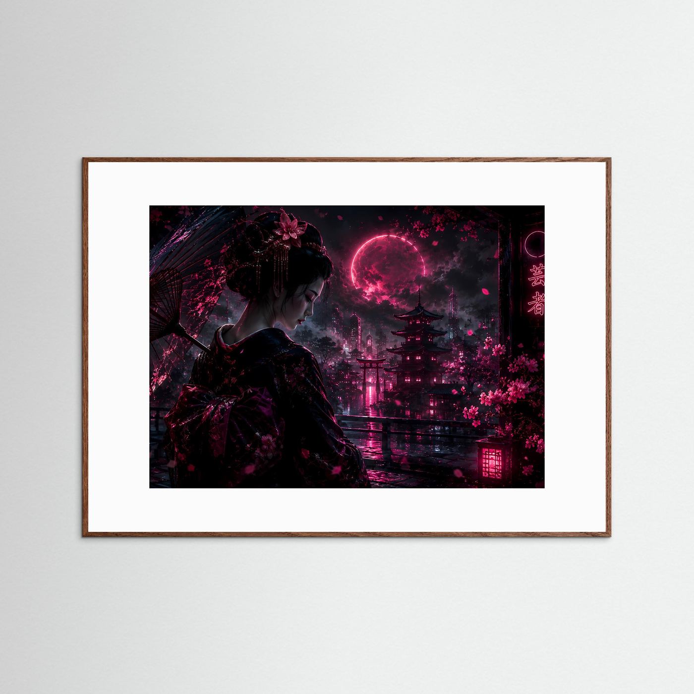 Geisha bei Nacht in Neon Pink | Japanische Cyberpunk Kunst mit Mond & Pagode