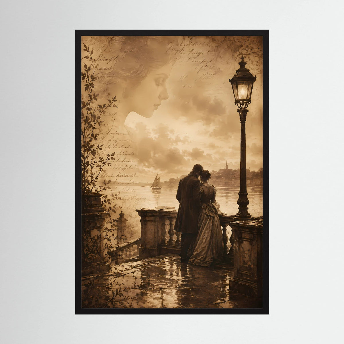 Hochformatiges Poster mit sepia Szene: Frau und Mann am Geländer, Laterne, im schwarzen Rahmen