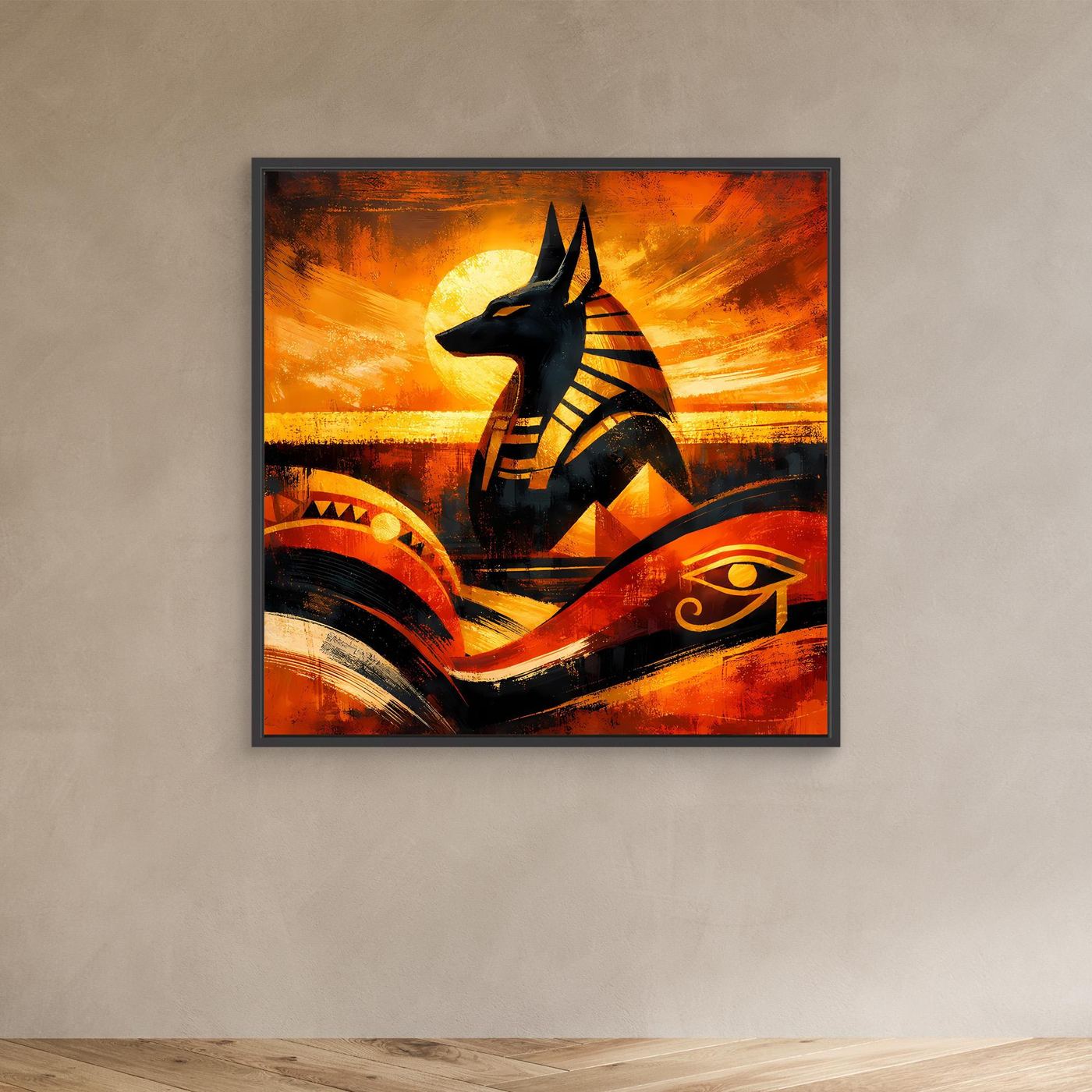 Abstraktes Anubis-Wandbild mit dunklem Rahmen, schwarze Figur, warmes Orange und Gelb