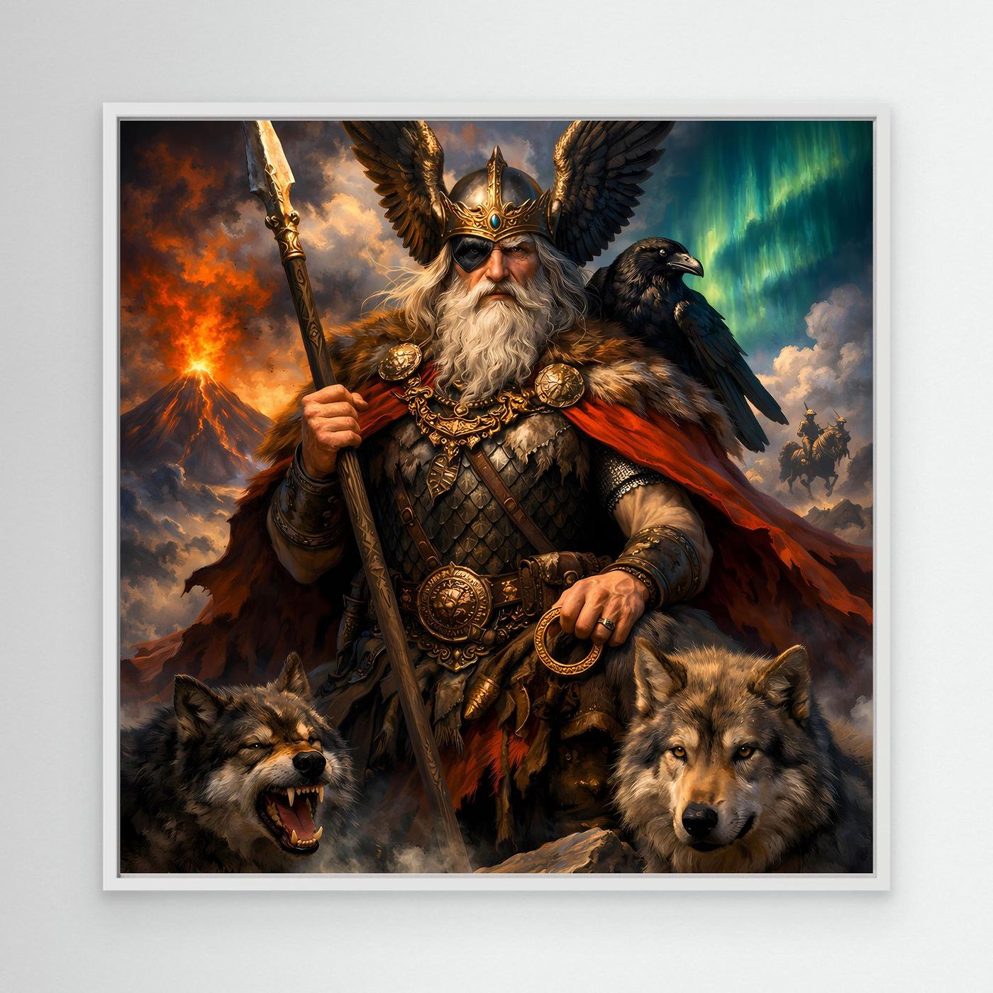 Leinwand Göttervater Odin mit Wölfen und Rabe | Mythologisches Wikinger Wandbild