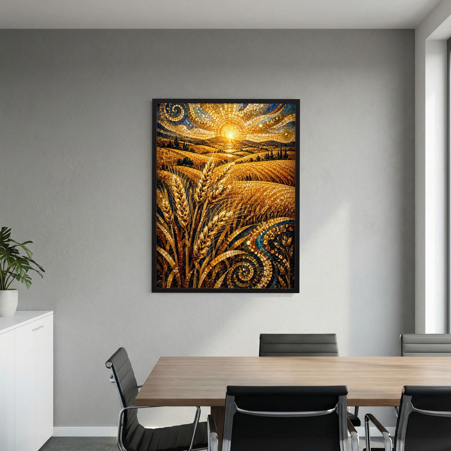 Hochformat-Poster: goldenes Weizenfeld mit Mosaikornamenten und leuchtendem Horizont