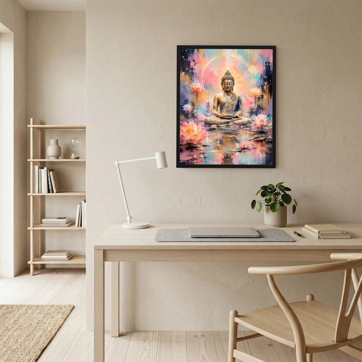 Gerahmtes Poster mit meditierendem Buddha und Lotusblüten, Pastellfarben, schwarzer Rahmen