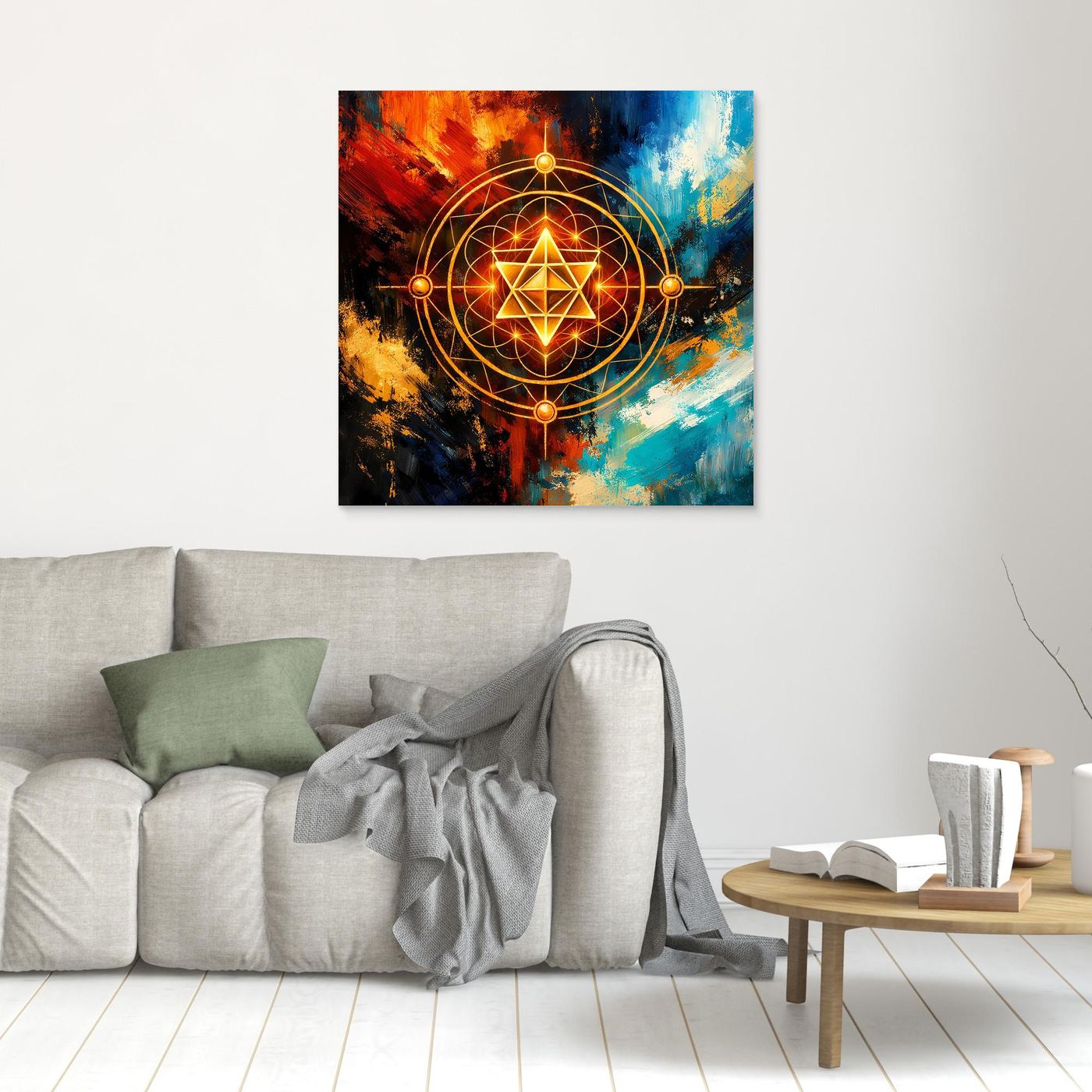 Leinwandbild mit goldener Merkaba-Geometrie, abstrakte Farbflächen in Rot, Blau und Gelb
