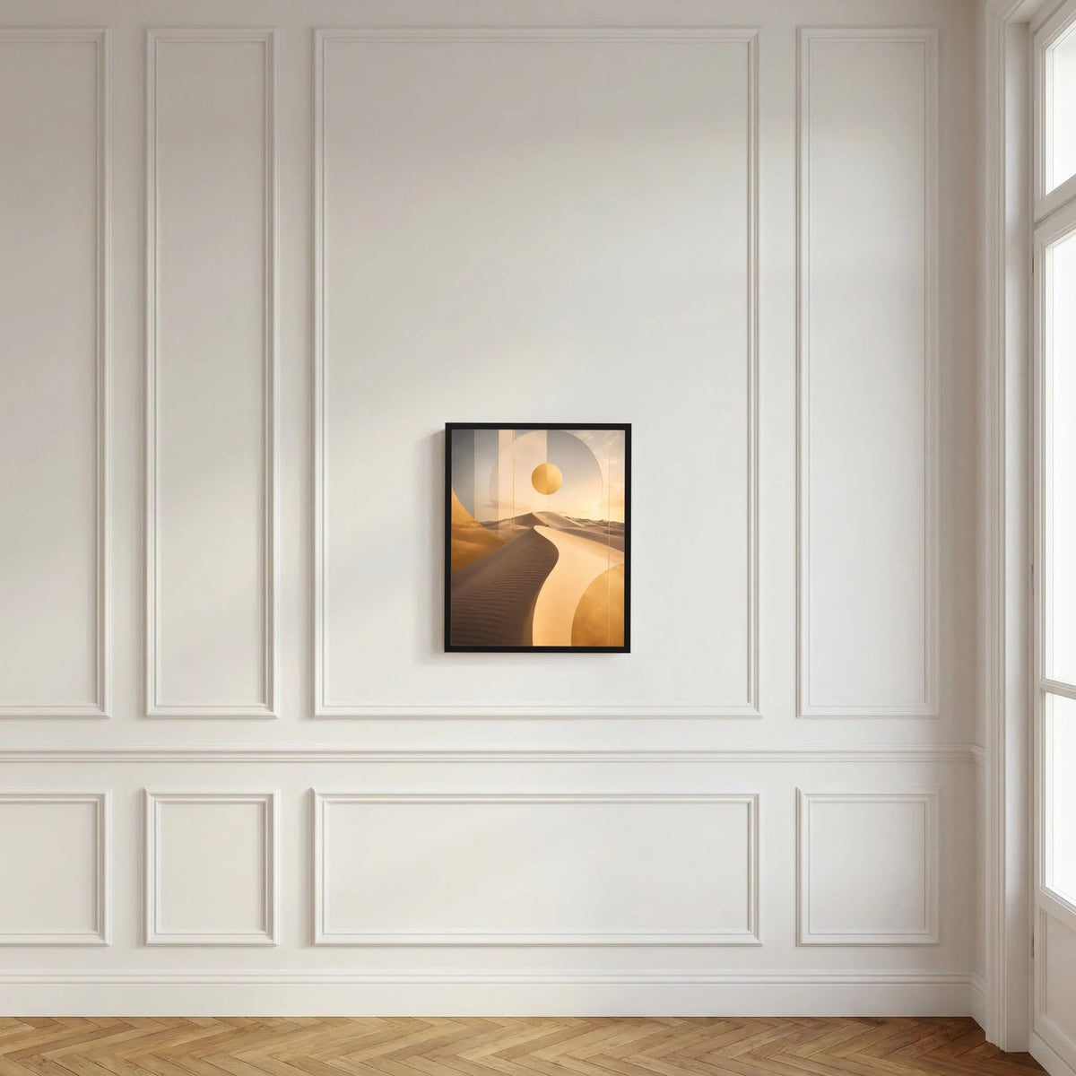 Kleines gerahmtes Poster an der Wand: goldene Sonne über abstrakten Dünen