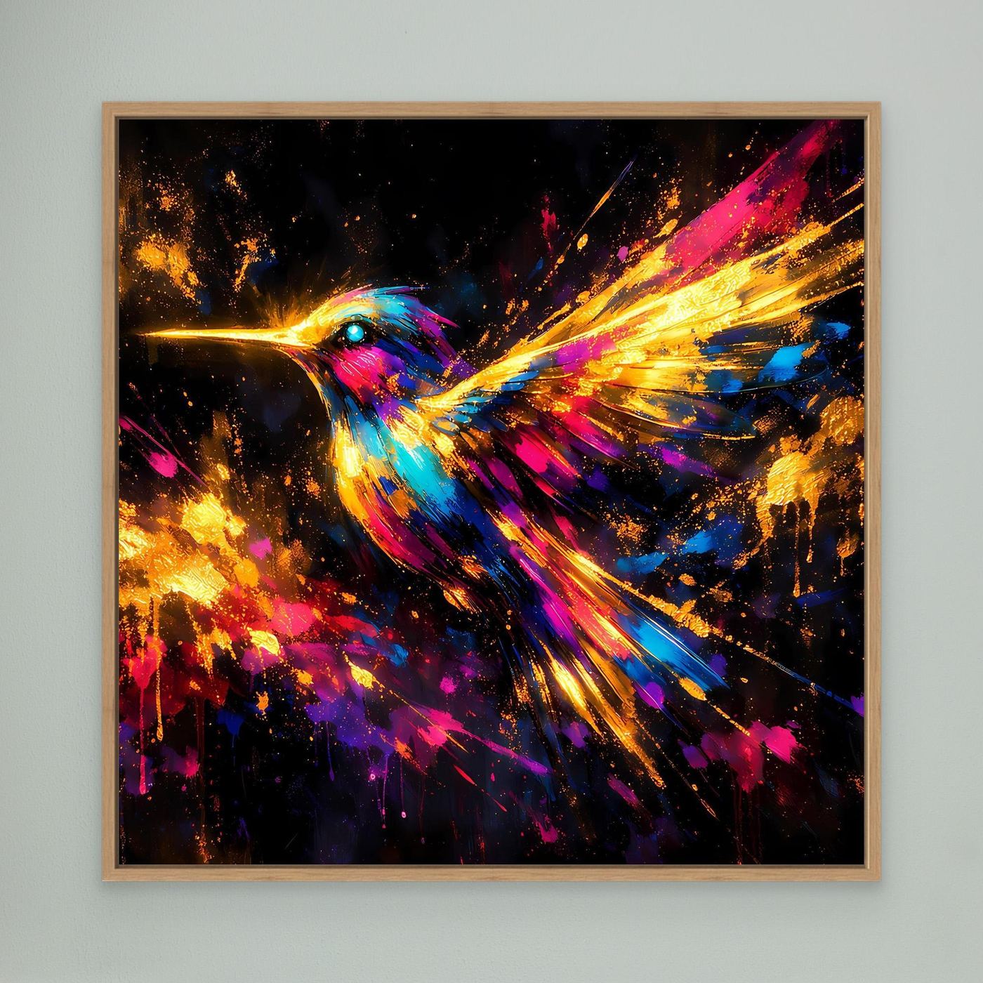 Leinwand Farbenfroher Kolibri im Flug | Abstraktes Modernes Wandbild Bunt