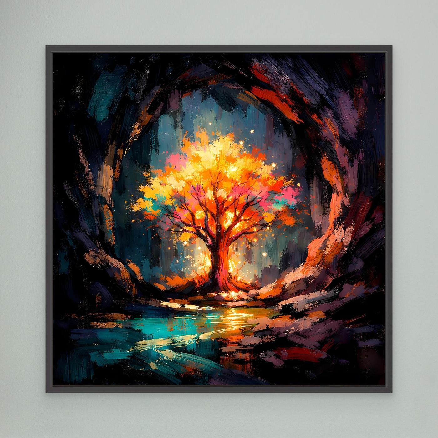 Abstract tree wall art with glowing orange canopy and blue tones, black-framed square canvas