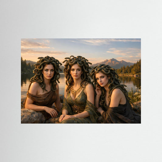 Mythologisches Fantasy-Poster mit drei Frauen am See, Querformat