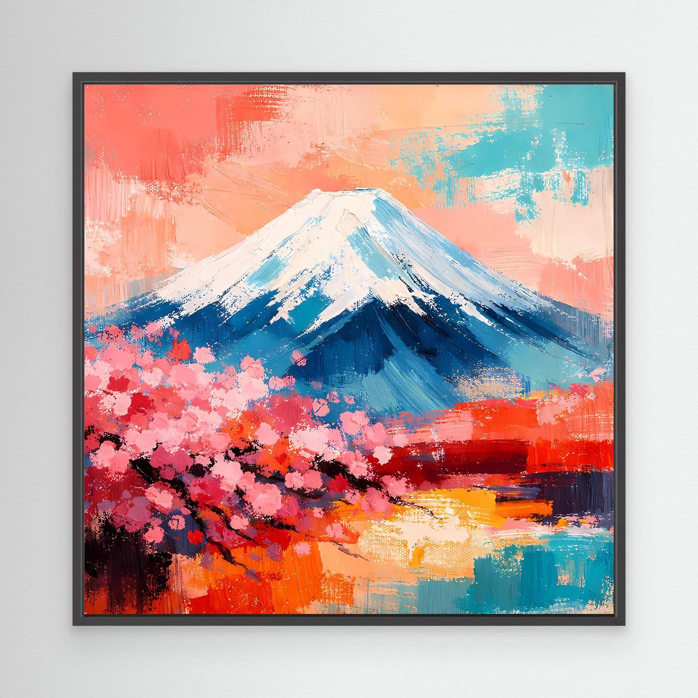 Leinwandbild mit Fuji und Kirschblüten, abstrakte Farbflächen, blau-weißer Berg, schwarzer Rahmen