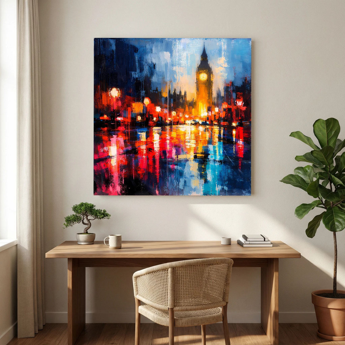 Leinwand Abstraktes Big Ben London Gemälde | Modernes Urbanes Wandbild bei Nacht