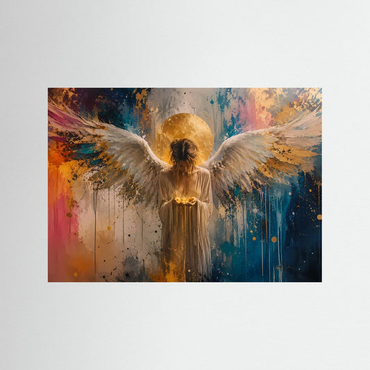 Wandbild mit Engelsmotiv: goldener Kopf, weiße Flügel und Farbverlauf im Querformat