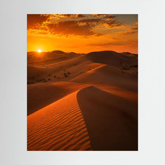 Wüstenposter mit gebogenen Sanddünen im Abendhimmel, warmes Sonnenlicht