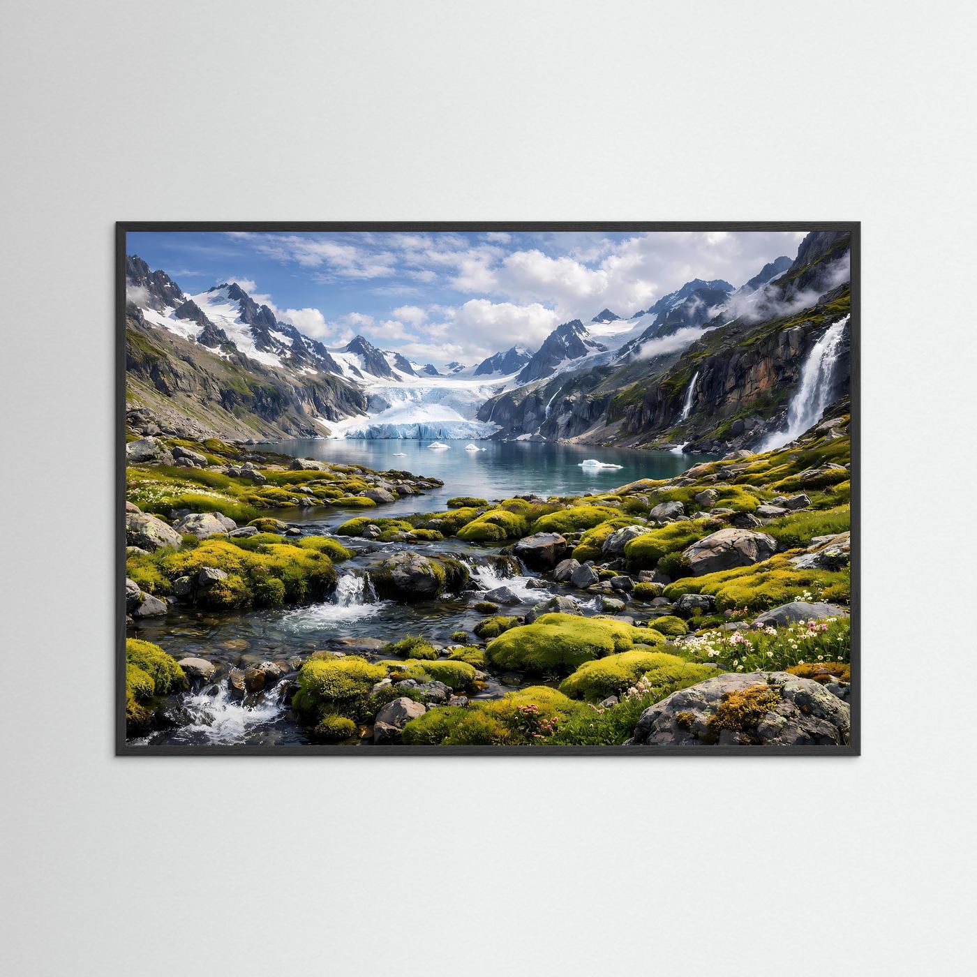 Naturposter mit Gletschersee und Wasserfall in Berglandschaft, schwarzer Rahmen