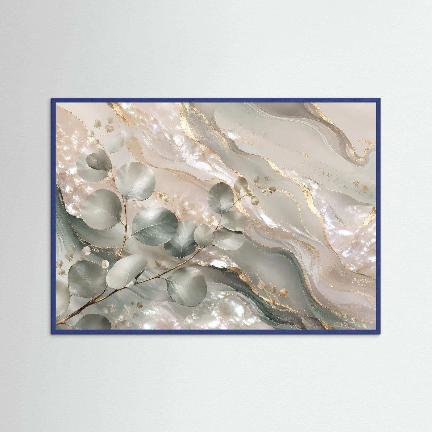 Eukalyptus-Poster mit blauem Rahmen in Creme, Salbeigrün und Goldakzenten, Querformat