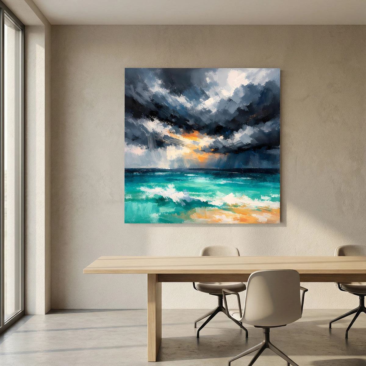 Leinwand-Wandbild mit Gewitterwolken und türkisfarbenem Meer, orangefarbenes Farbband am Horizont.