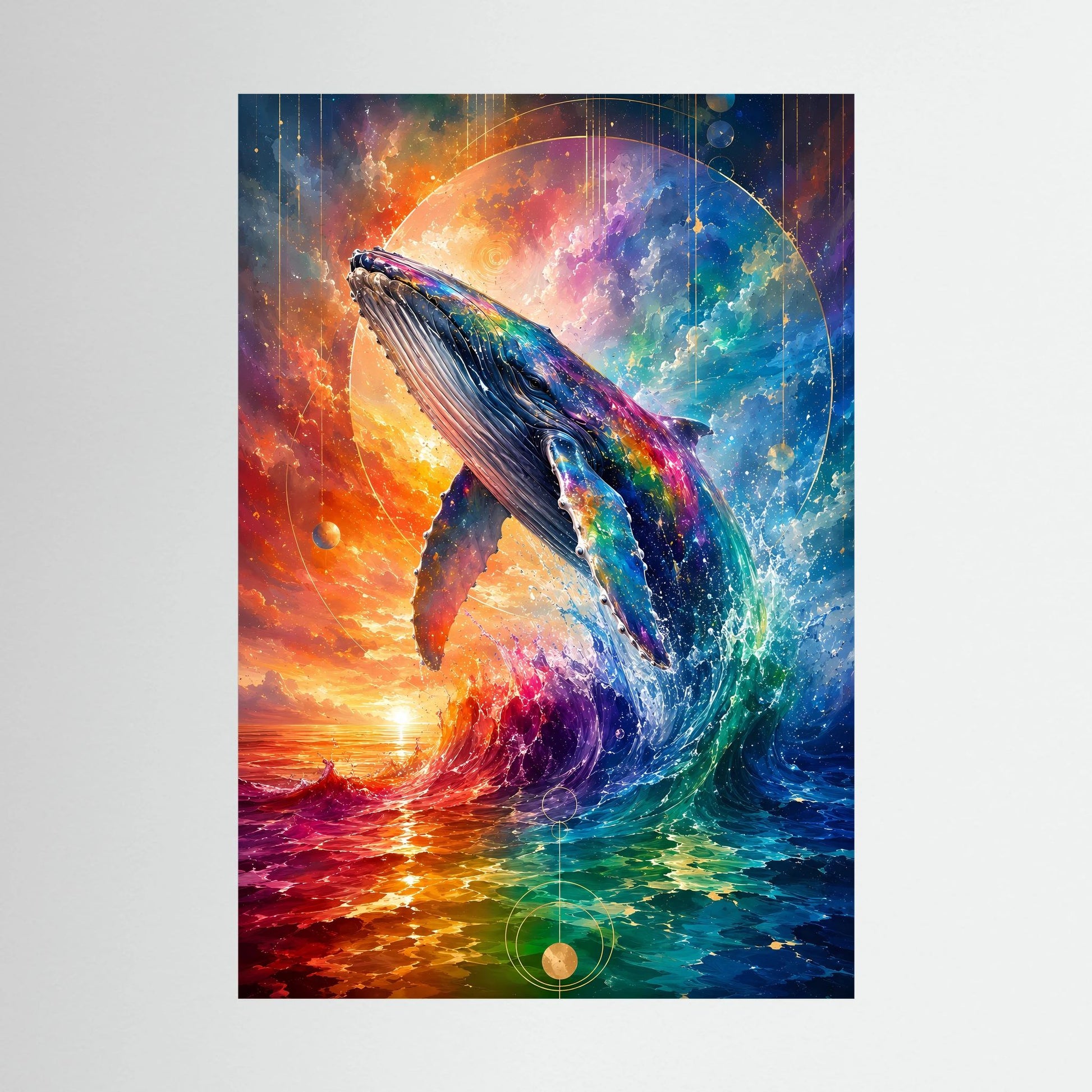 Hochformat-Poster mit Wal und Meer in Regenbogenfarben, abstrakte Farbspritzer