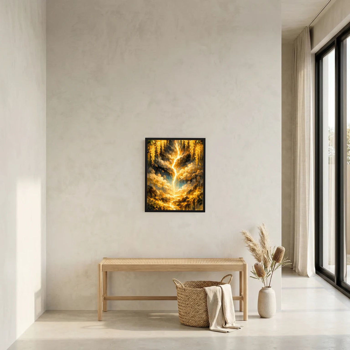 Wandbild mit leuchtendem goldenen Lebensbaum-Motiv im schwarzen Rahmen
