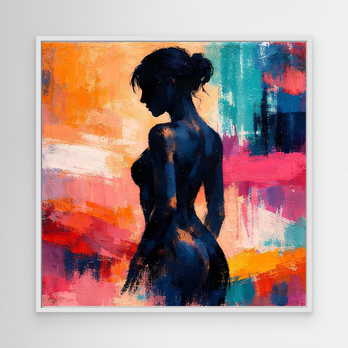 Abstraktes Leinwandbild mit Frauensilhouette in Dunkelblau und bunten Pinselstrichen.