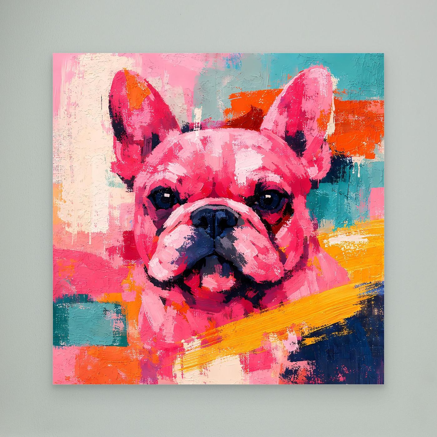 Nahaufnahme: Farbenfrohes Leinwand-Wandbild mit Porträt einer Französischen Bulldogge, ohne Rahmen