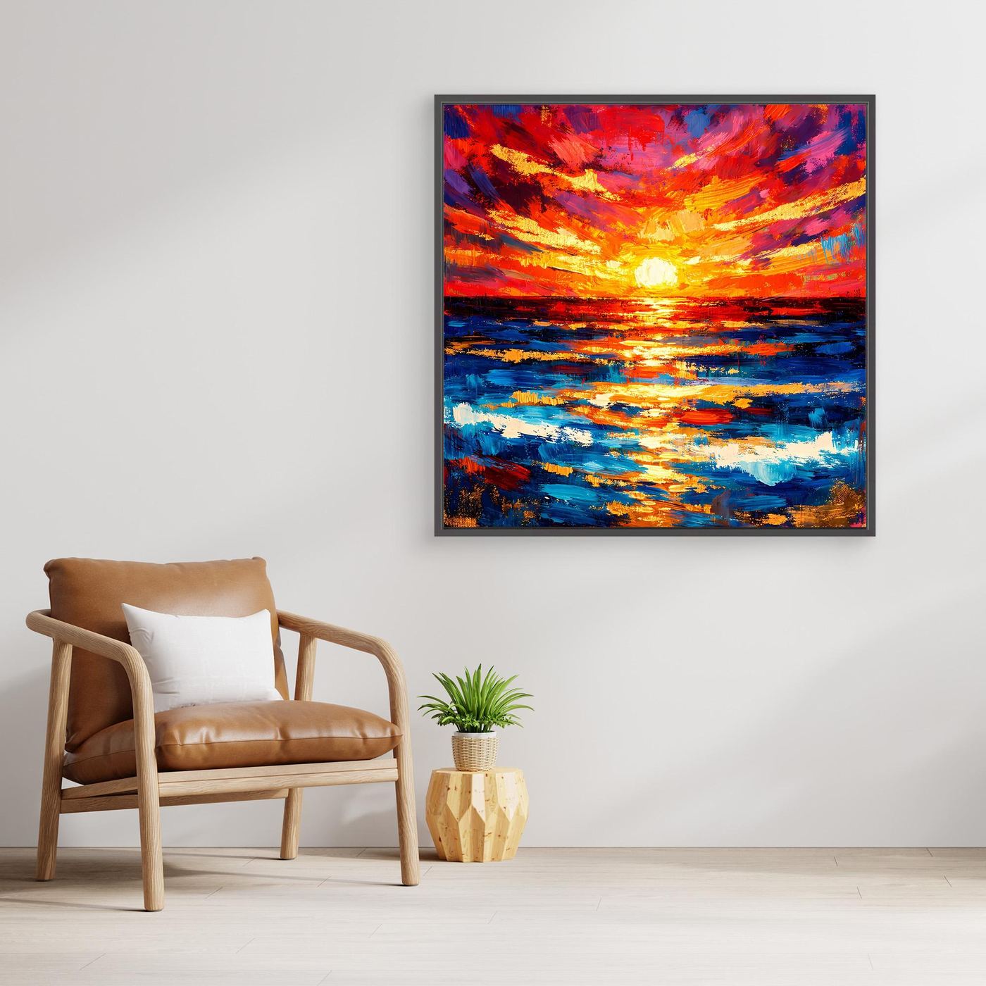 Leinwandbild mit abstraktem Meer und Sonnenuntergang, heller Holzrahmen