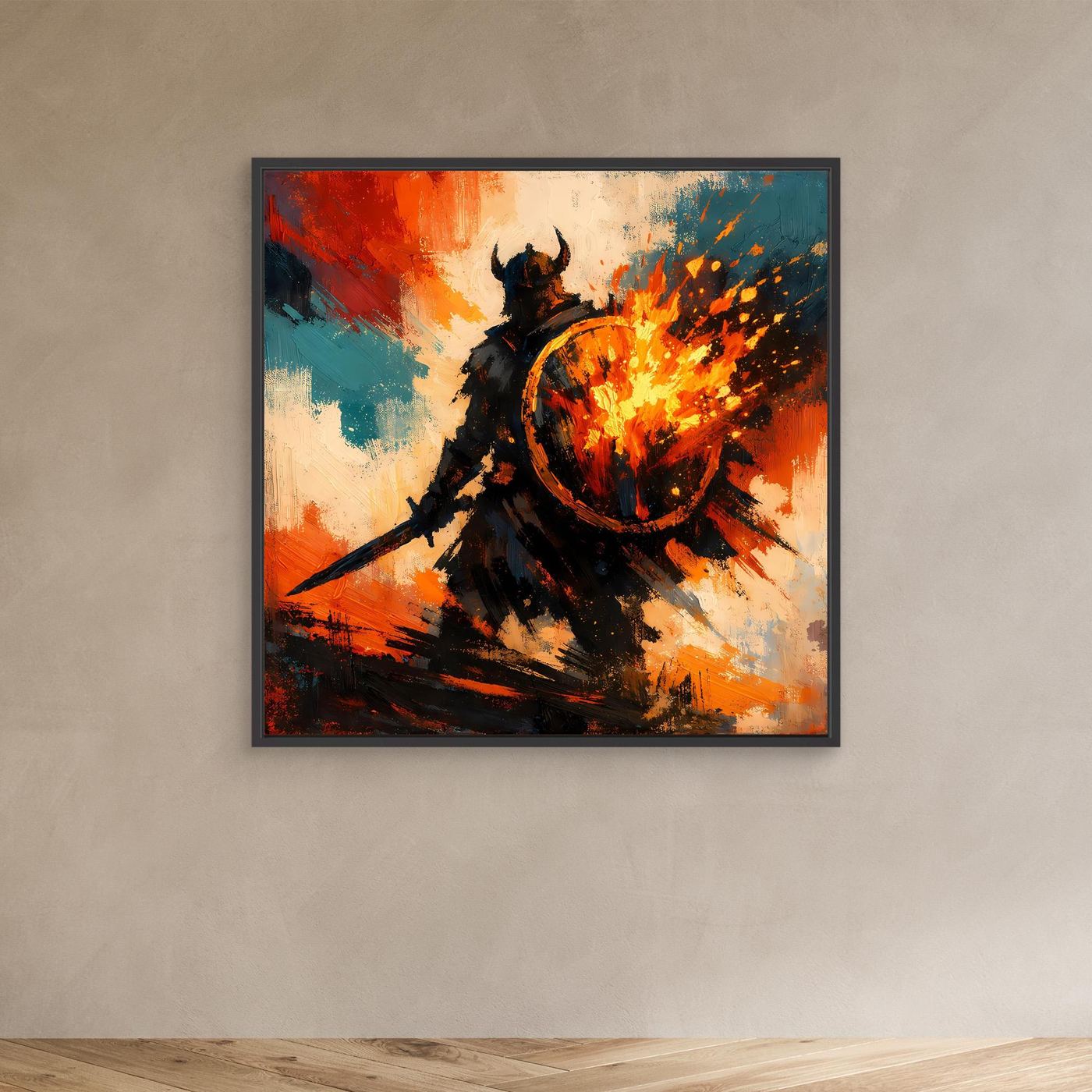 Wandbild auf Leinwand im schwarzen Rahmen: Wikingerkrieger-Silhouette mit brennendem Schild.