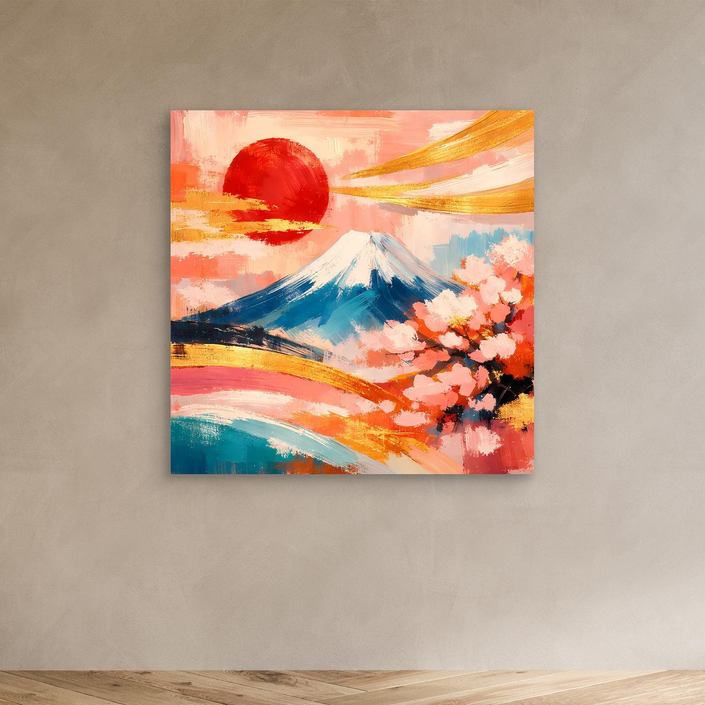 Leinwandbild mit Berg Fuji und Kirschblüten, abstraktes Sonnenmotiv in warmen Farben