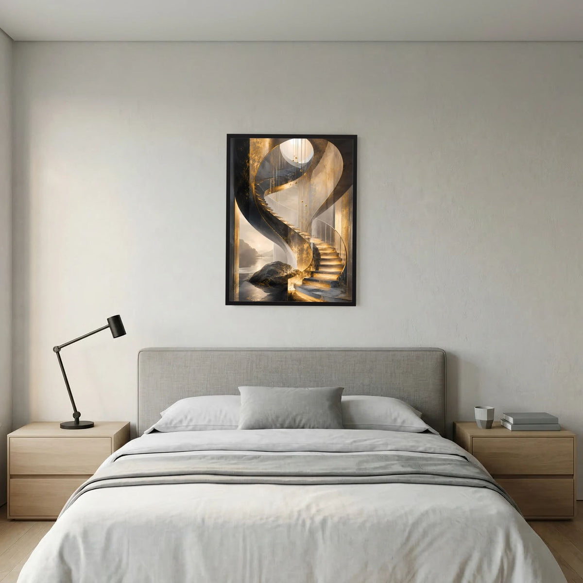 Gerahmtes Hochformat-Poster mit goldener Wendeltreppe und hellen Lichtbogen-Details