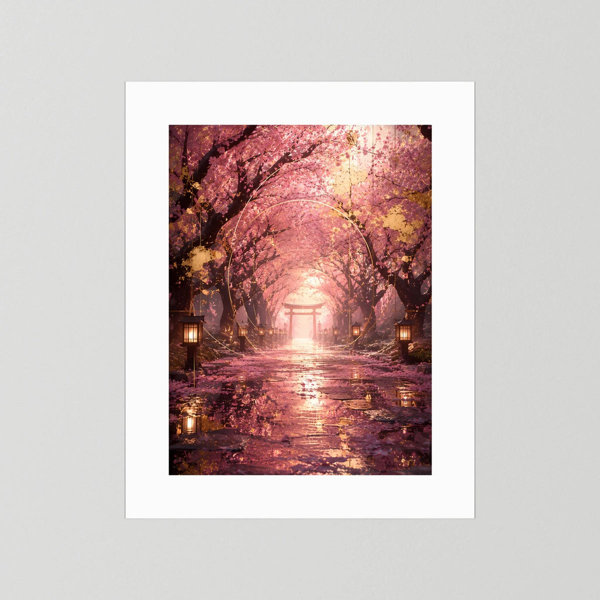 Hochformatiges Poster mit Sakura-Allee, Torii-Tunnel und Laternen, weißer Rand