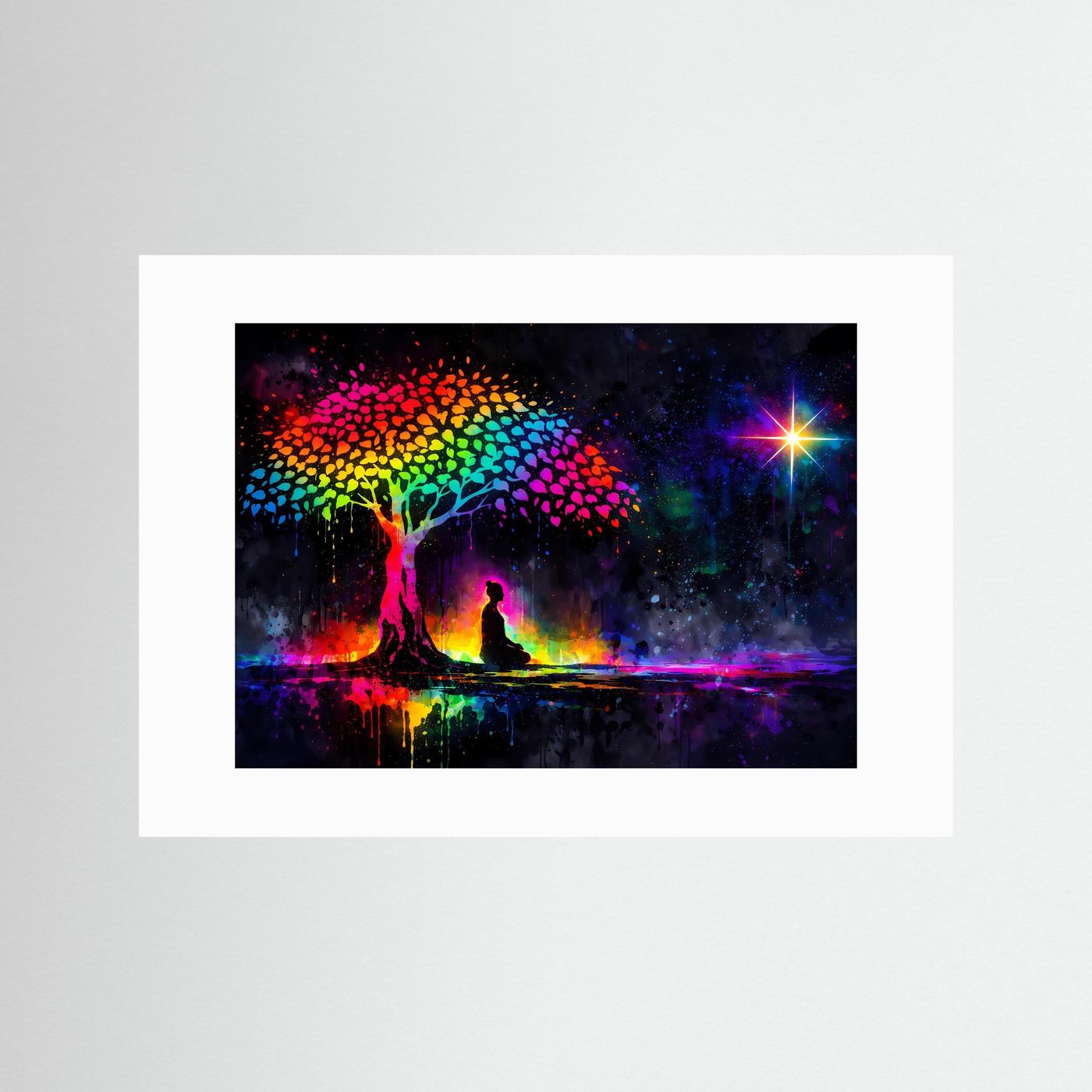 Poster mit hellem Passepartout: bunter Baum, meditierende Silhouette, leuchtender Stern