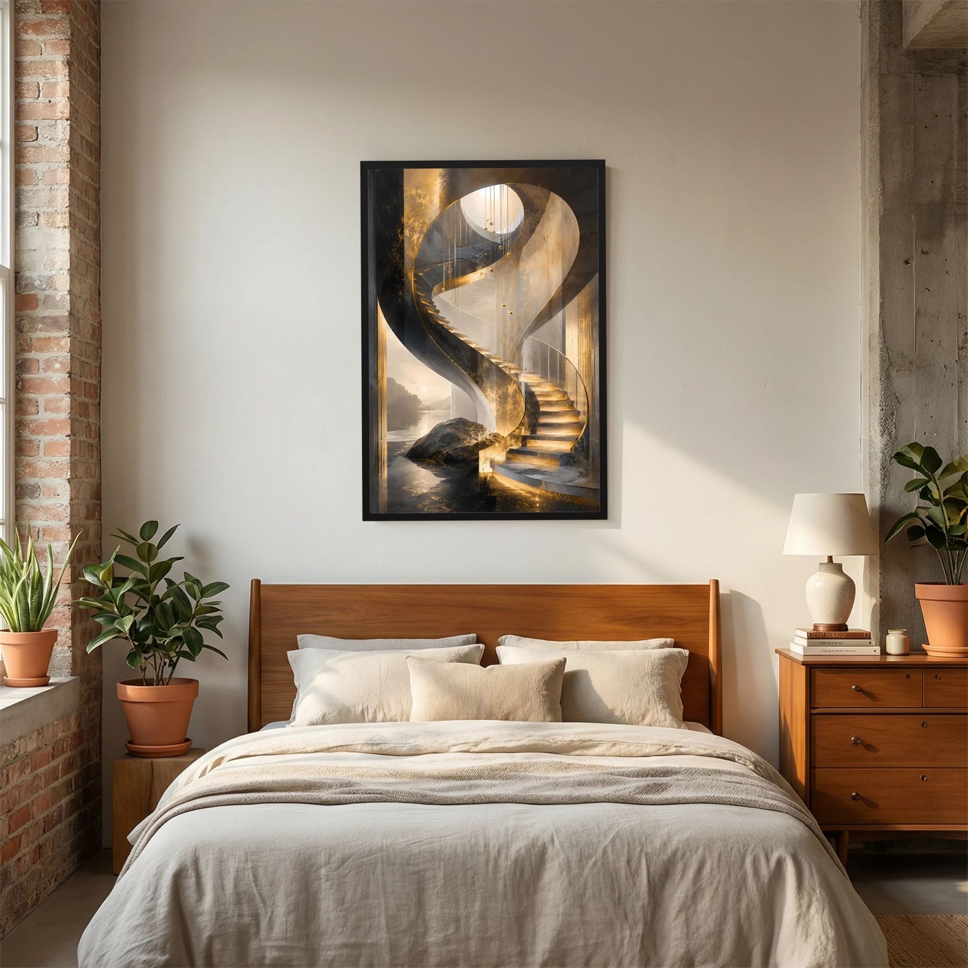 Hochformat-Poster im schwarzen Rahmen mit schwarzer Wendeltreppe und goldenen Treppenlichtern