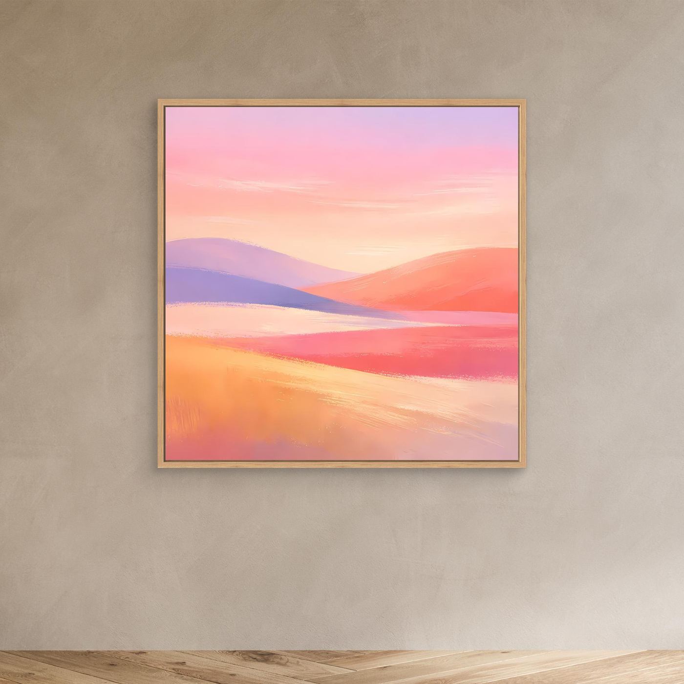Leinwandbild mit abstrakter Hügellandschaft in Pastellfarben im Eichenrahmen: Rosa, Lila, Orange.