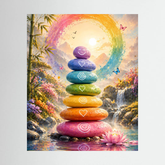 Hochformatiges Zen-Poster mit Regenbogenkreis, gestapelten farbigen Steinen und Lotusblüte